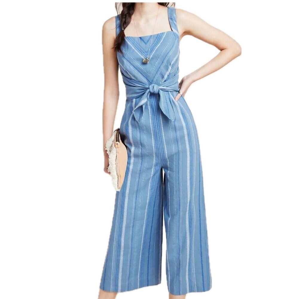 Anthropologie Women's Chambray Laguna Striped Front Tie Back Zipped Jumpsuit 00